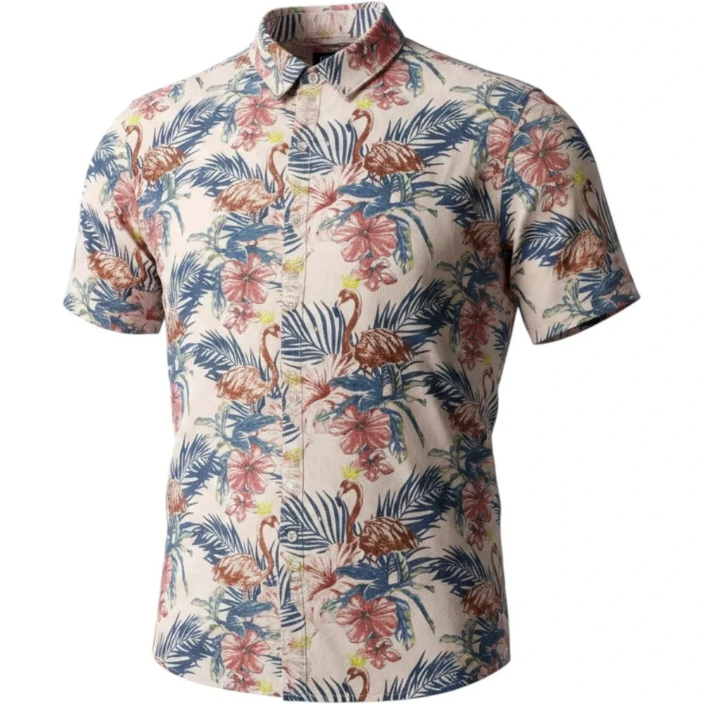 Molokai Surf Co Mens XL Flamingo Hibiscus Tropical Print Short Sleeve Shirt Pink